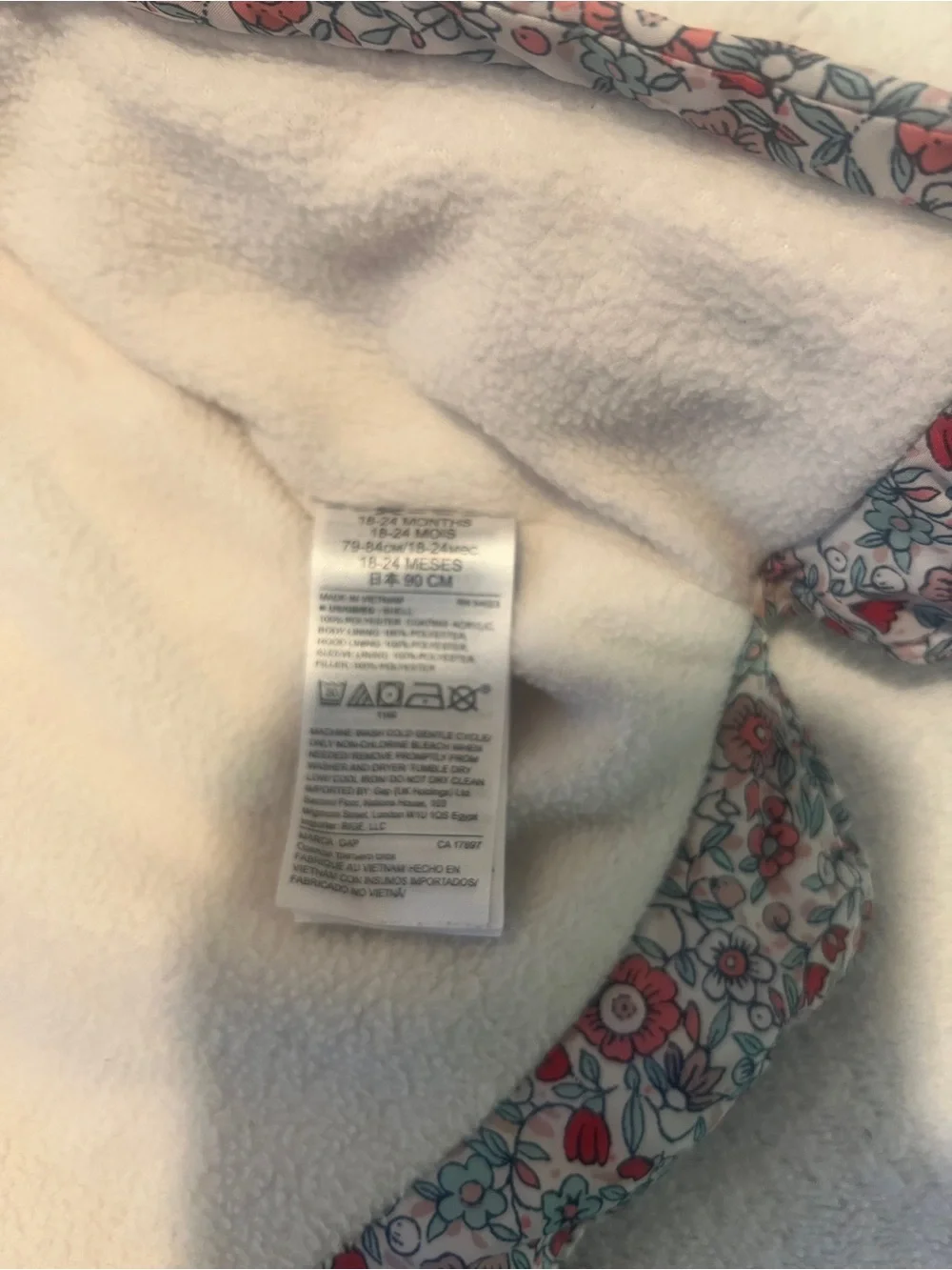 Girls' Gap Floral Puffer Jacket with Hood - Red & Cream size 18-24 months